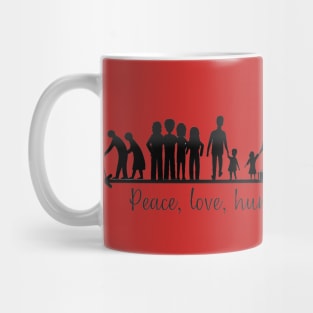 Not to the war. Silhouette of people running away from war with the words: peace, love, humanity and solidarity Mug